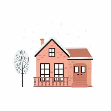Cartoon Winter house. Vector image of a Christmas house and tree covered with Stock Illustration