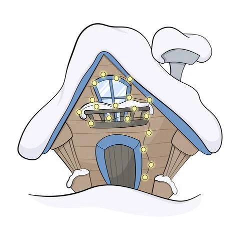 Cartoon Winter house. Vector image of the brown wooden christmas house covered Stock Illustration