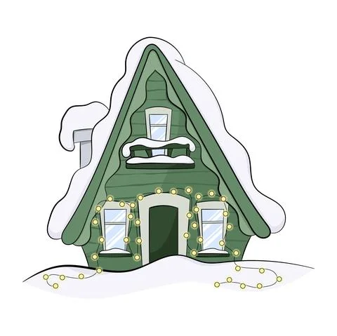 Cartoon Winter house. Vector image of the green wooden christmas house covered Stock-Illustration