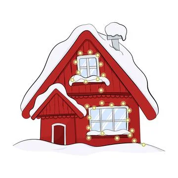 Cartoon Winter house. Vector image of the red christmas house covered with snow. Stock Illustration