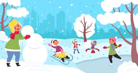 Cartoon winter kids. Child illustration, kid snowy christmas vacations. Fun Stock Illustration