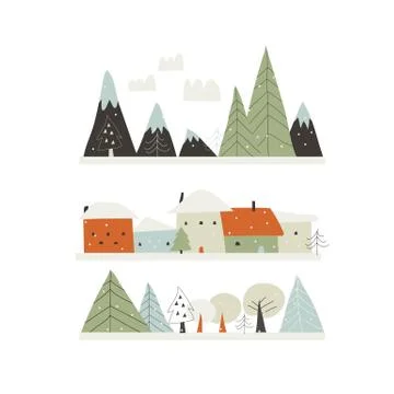 Cartoon winter landscape with houses,mountains and trees Stock Illustration