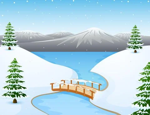 Cartoon winter landscape with mountains and small wooden bridge over river Stock Illustration