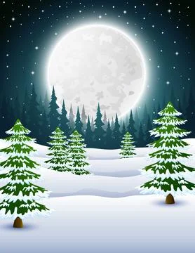 Cartoon of winter night background with pine trees at night Stock Illustration