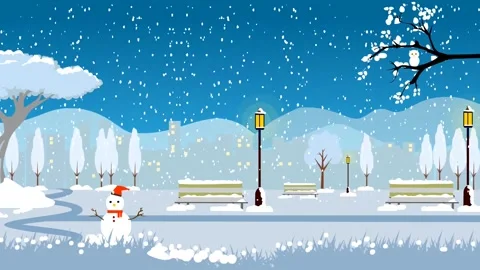 Cartoon Winter Park Landscape with Falling Snow and Snowman Stock Footage 320207497