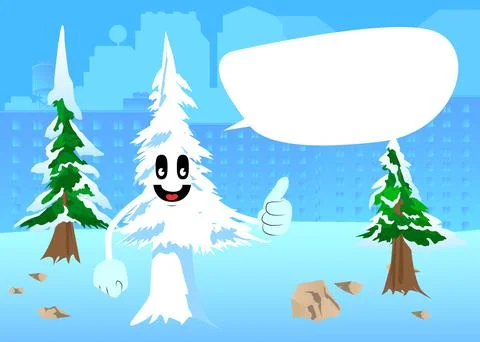Cartoon winter pine trees with faces making thumbs up sign. Cute forest trees Illustrazione stock