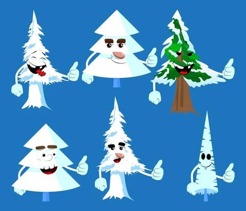 Cartoon winter pine trees with faces making thumbs up sign. Cute forest trees Illustrazione stock