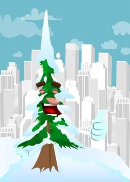 Cartoon winter pine trees with faces making thumbs up sign. Cute forest trees Illustrazione stock