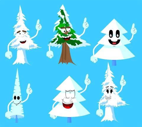 Cartoon winter pine trees with faces making a point. Cute forest trees. Snow  Illustrazione stock
