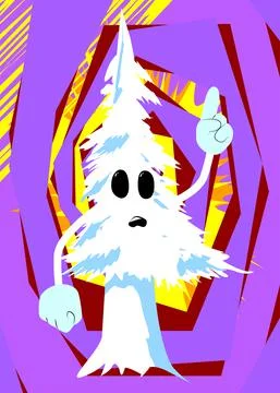 Cartoon winter pine trees with faces making a point. Cute forest trees. Snow  Illustrazione stock