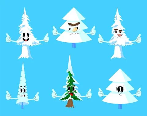 Cartoon winter pine trees with faces making thumbs up sign with two hands. Cu Illustrazione stock
