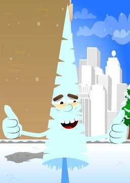 Cartoon winter pine trees with faces making thumbs up sign with two hands. Cu Illustrazione stock