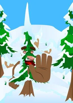 Cartoon winter pine trees with faces showing deny or refuse hand gesture. Cut Stock Illustration