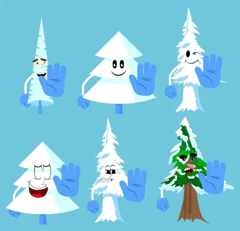 Cartoon winter pine trees with faces showing deny or refuse hand gesture. Cut Stock Illustration