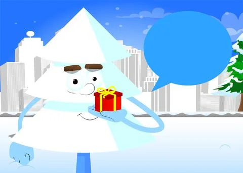 Cartoon winter pine trees with faces holding small gift box. Cute forest tree Stock Illustration