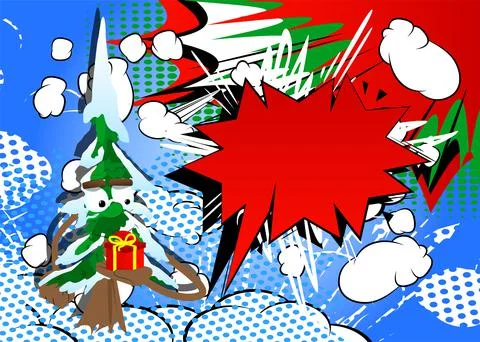 Cartoon winter pine trees with faces holding small gift box. Cute forest tree Stock Illustration