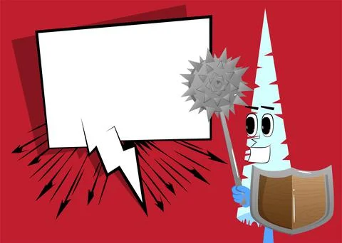 Cartoon winter pine trees with faces holding a spiked mace and shield. Cute f Stock Illustration