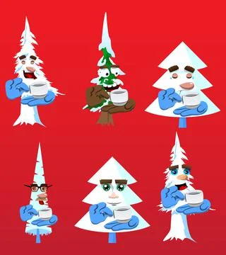 Cartoon winter pine trees with faces holding a cup of coffee. Cute forest tre Stock Illustration