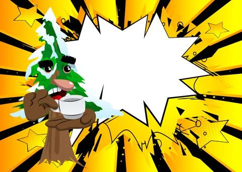 Cartoon winter pine trees with faces holding a cup of coffee. Cute forest tre Stock Illustration
