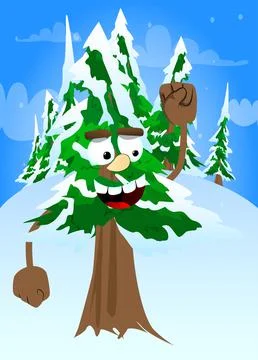 Cartoon winter pine trees with faces making power to the people fist gesture. Illustrazione stock