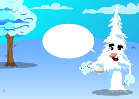 Cartoon winter pine trees with faces drinking coffee. Cute forest trees. Snow Stock Illustration