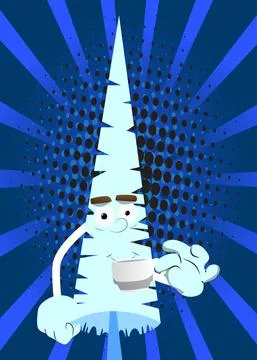 Cartoon winter pine trees with faces drinking coffee. Cute forest trees. Snow Stock Illustration