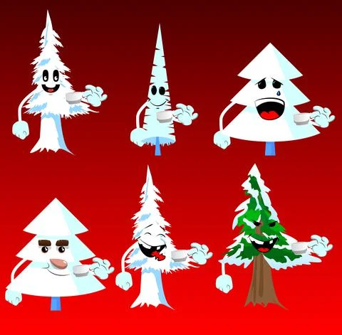 Cartoon winter pine trees with faces drinking coffee. Cute forest trees. Snow Stock Illustration