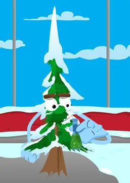 Cartoon winter pine trees with faces holding a test tube. Cute forest trees.  스톡 일러스트