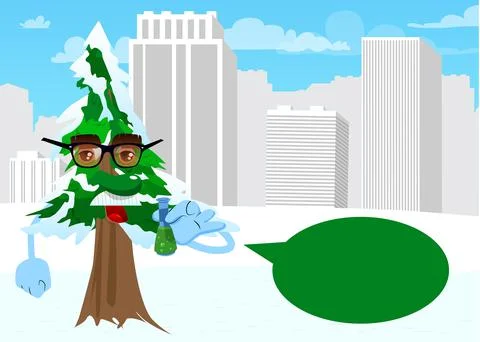 Cartoon winter pine trees with faces holding a test tube. Cute forest trees.  스톡 일러스트