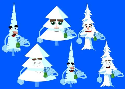 Cartoon winter pine trees with faces holding a test tube. Cute forest trees.  스톡 일러스트