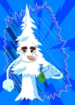 Cartoon winter pine trees with faces holding a test tube. Cute forest trees.  스톡 일러스트
