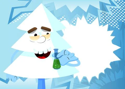 Cartoon winter pine trees with faces holding a test tube. Cute forest trees.  스톡 일러스트