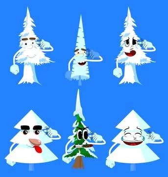 Cartoon winter pine trees with faces shows a you're nuts gesture by twisting  Stock Illustration