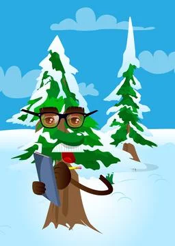 Cartoon winter pine trees with faces writing on a books cover. Cute forest .. Illustrazione stock
