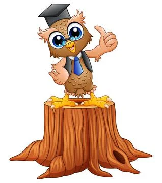Cartoon wise owl in graduation cap on tree stump Ilustração Stock