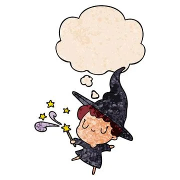 Cartoon witch and thought bubble in grunge texture pattern style Illustrazione stock