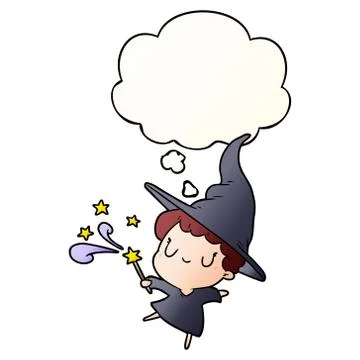 Cartoon witch and thought bubble in smooth gradient style Ilustração Stock