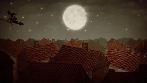 Cartoon witch animation with pumpkin cityscape Stock Footage