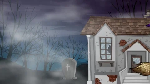 Cartoon Witch Flying on Broomstick Past Spooky House and Graveyard Stock Footage 340260122