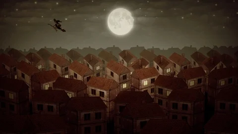Cartoon witch flying in the evening Stock Footage