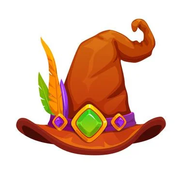 Cartoon witch hat with feathers and gemstones Stock Illustration