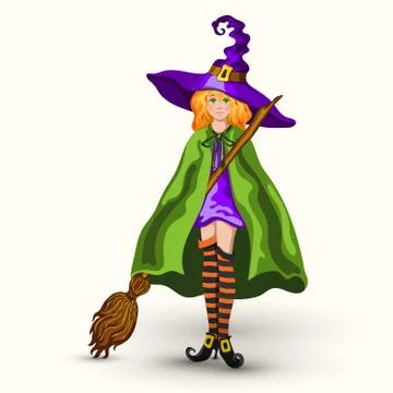 Cartoon witch in purple hat with broom isolated on white Stock Illustration