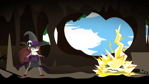 Cartoon witch sorcerer casting magic thunderbolt spell to slime RPG game Stock Footage 73887224