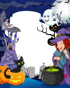 Cartoon witch stirring magic potion with halloween background Illustrazione stock