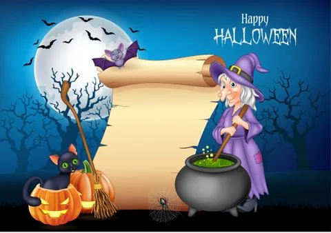 Cartoon witch stirring magic potion with halloween background Stock Illustration