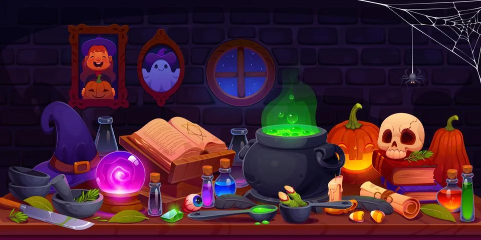 Cartoon witch table with potion bottles, cauldron Stock Illustration