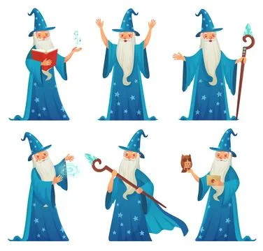 Cartoon wizard character. Old witch man in wizards robe, magician warlock a.. Stock Illustration