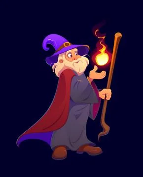 Cartoon wizard with flowing cloak and tall hat Stock Illustration