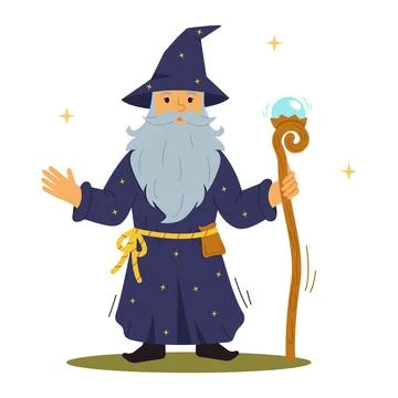 Cartoon wizard in a hat and with a magic stick. Vector Stock Illustration