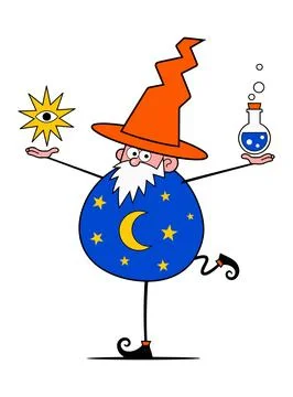 Cartoon Wizard Holding Celestial Objects and Potion Stock-Illustration